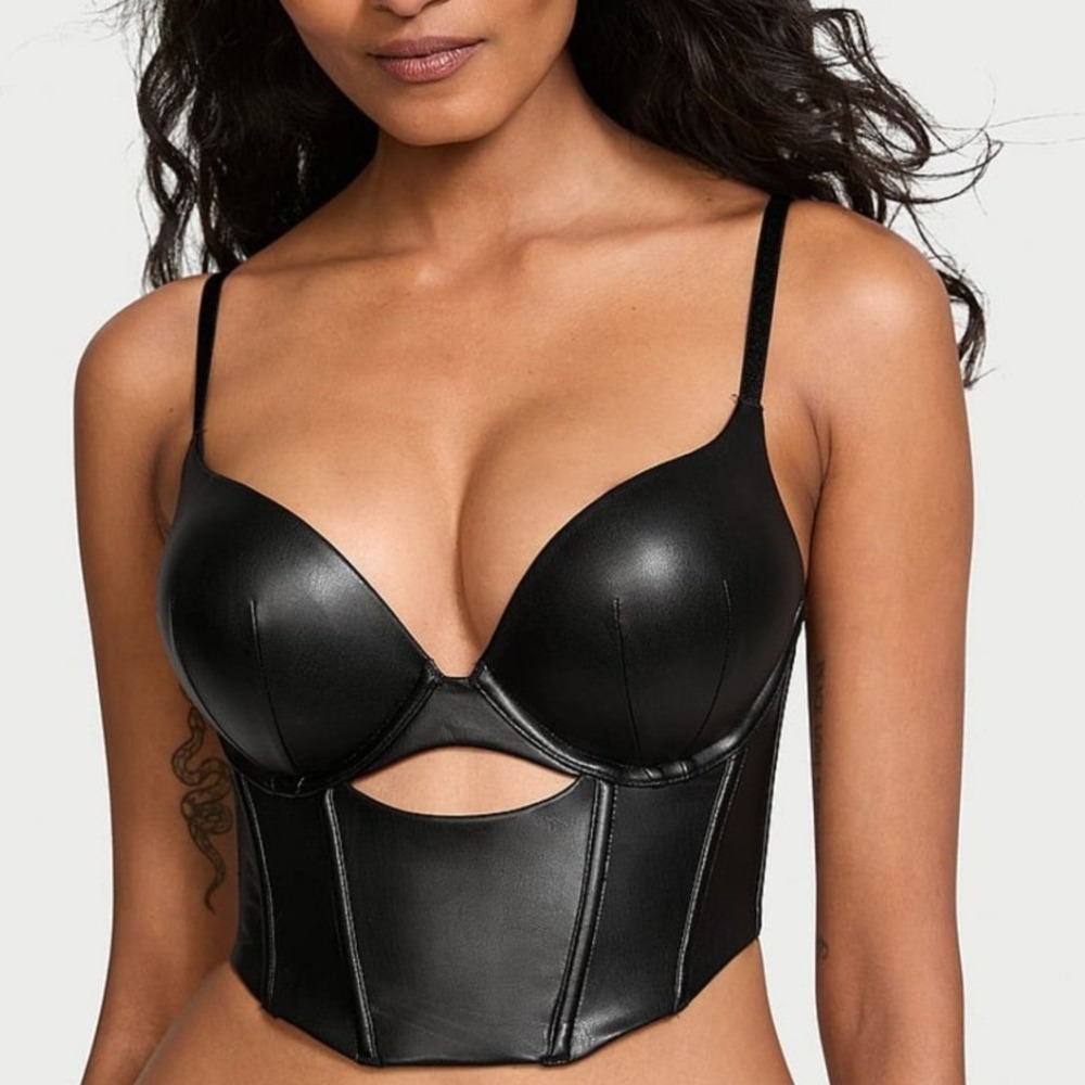 Victoria's Secret Faux Leather Bombshell Corset Bra Black Womens 38C Edgy Goth